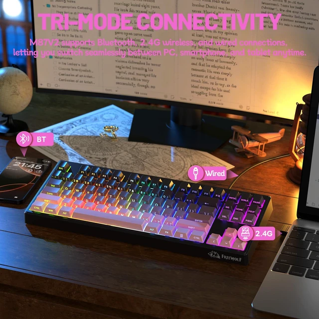 Alt view image 3 of 7 - M87V2 Wireless Gaming Keyboard, 80% TKL 87-Key Low Profile-Black | Quiet Typing, Mechanical Feel, Tri-Mode, PBT Gradient Keycaps, 16M RGB Backlit, 4000mAh Battery, USB-C for PC, Mac, Linux