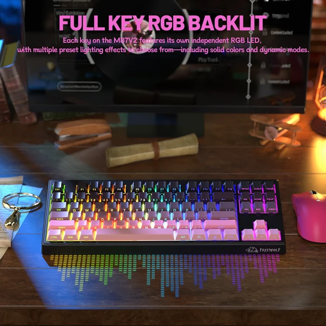 Alt view image 5 of 7 - M87V2 Wireless Gaming Keyboard, 80% TKL 87-Key Low Profile-Black | Quiet Typing, Mechanical Feel, Tri-Mode, PBT Gradient Keycaps, 16M RGB Backlit, 4000mAh Battery, USB-C for PC, Mac, Linux