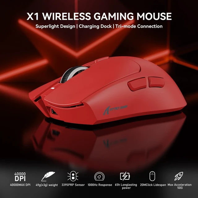 Alt view image 2 of 7 - X1 Wireless Gaming Mouse with RGB Charging Dock, PAW3395 PRO Sensor Up to 40K DPI,53g Ultra Light Tri-Mode Computer Mice,1KHz Polling Rate 5 Programmable Buttons for WIN/MAC-Red