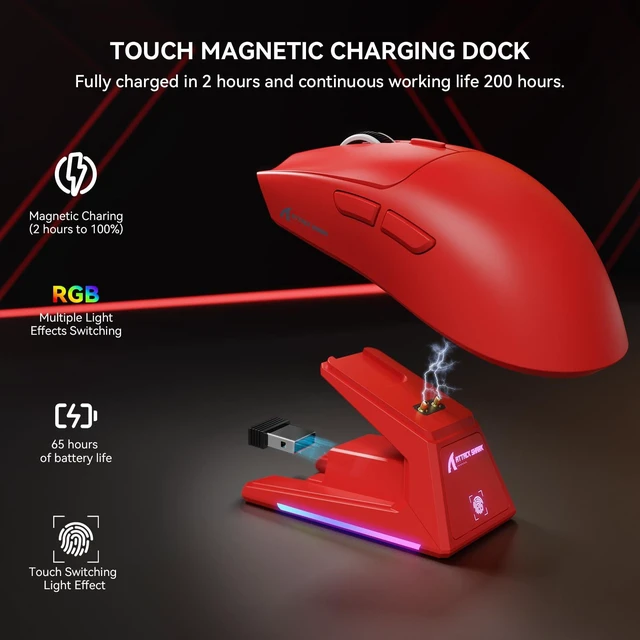 Alt view image 3 of 7 - X1 Wireless Gaming Mouse with RGB Charging Dock, PAW3395 PRO Sensor Up to 40K DPI,53g Ultra Light Tri-Mode Computer Mice,1KHz Polling Rate 5 Programmable Buttons for WIN/MAC-Red
