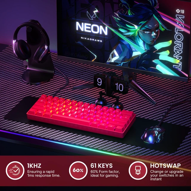 Alt view image 2 of 7 - Mechanical Gaming Keyboard - 61 Keys Multi Color RGB Illuminated LED Backlit Wired Programmable for PC/Mac Gamer (Gateron Optical Red, Red)