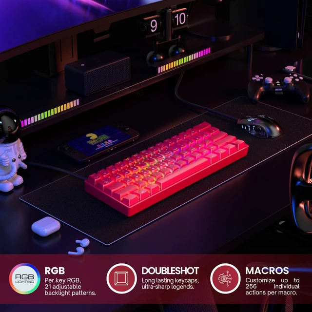 Alt view image 3 of 7 - Mechanical Gaming Keyboard - 61 Keys Multi Color RGB Illuminated LED Backlit Wired Programmable for PC/Mac Gamer (Gateron Optical Red, Red)