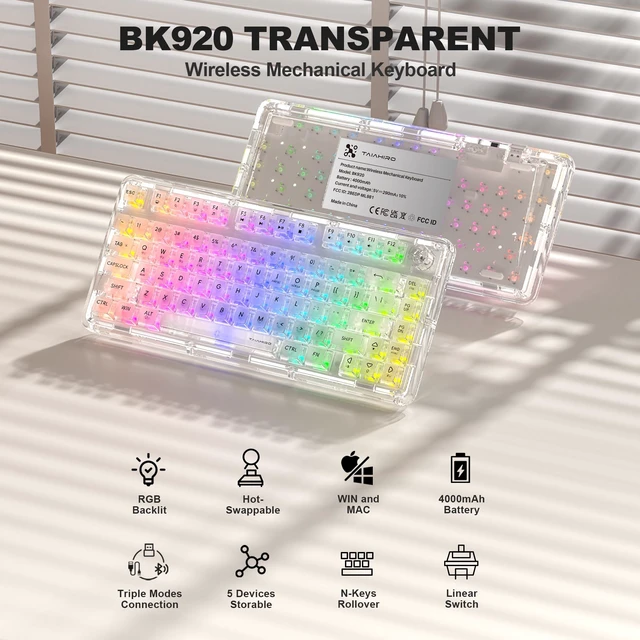 Alt view image 2 of 7 - Mechanical Keyboard, RGB Backlit Wireless Creamy Gaming Keyboards, Hot Swap Customizable Clear Acrylic Design, 80-Key Quiet Linear Switches, 3 Modes BT5.0/2.4G/USB-C 4000mAh Battery, White