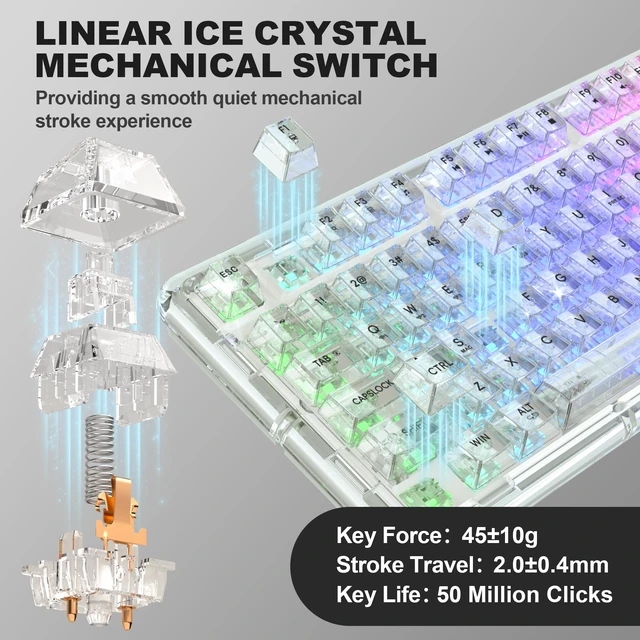 Alt view image 5 of 7 - Mechanical Keyboard, RGB Backlit Wireless Creamy Gaming Keyboards, Hot Swap Customizable Clear Acrylic Design, 80-Key Quiet Linear Switches, 3 Modes BT5.0/2.4G/USB-C 4000mAh Battery, White
