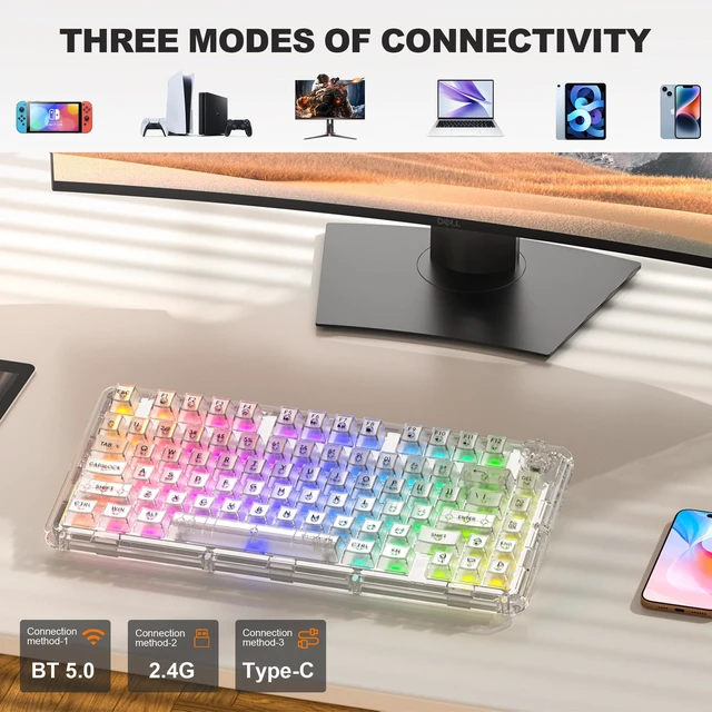 Alt view image 4 of 7 - Mechanical Keyboard, RGB Backlit Wireless Creamy Gaming Keyboards, Hot Swap Customizable Clear Acrylic Design, 80-Key Quiet Linear Switches, 3 Modes BT5.0/2.4G/USB-C 4000mAh Battery, White