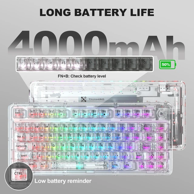 Alt view image 6 of 7 - Mechanical Keyboard, RGB Backlit Wireless Creamy Gaming Keyboards, Hot Swap Customizable Clear Acrylic Design, 80-Key Quiet Linear Switches, 3 Modes BT5.0/2.4G/USB-C 4000mAh Battery, White