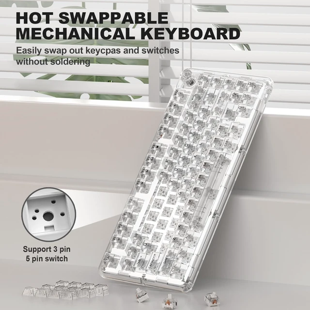 Alt view image 7 of 7 - Mechanical Keyboard, RGB Backlit Wireless Creamy Gaming Keyboards, Hot Swap Customizable Clear Acrylic Design, 80-Key Quiet Linear Switches, 3 Modes BT5.0/2.4G/USB-C 4000mAh Battery, White
