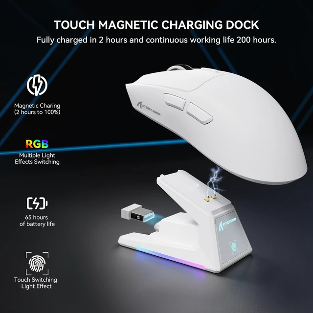 Alt view image 3 of 7 - X1 Superlight Wireless Gaming Mouse with RGB Magnetic Charging Dock, BT/2.4G Wireless/Wired Gaming Mouse, PAW3395PRO Gaming Sensor, 40000DPI, 53g Office Mice for PC/Mac/Win/Xbox (White)