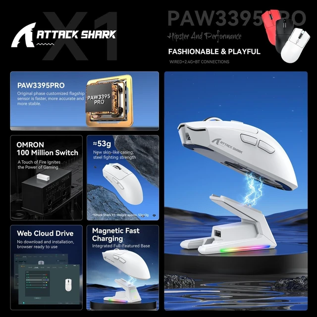 Alt view image 2 of 7 - X1 Superlight Wireless Gaming Mouse with RGB Magnetic Charging Dock, BT/2.4G Wireless/Wired Gaming Mouse, PAW3395PRO Gaming Sensor, 40000DPI, 53g Office Mice for PC/Mac/Win/Xbox (White)
