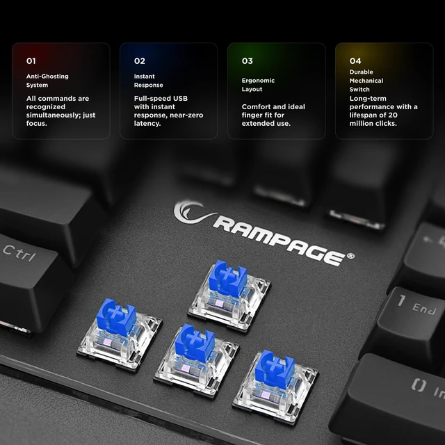 Alt view image 4 of 7 - KB-R86 Umbra Mechanical Gaming Keyboard High-Performance Switches, 26-Key Anti-Ghosting, 12 Multia Keys, Wrist Rest, Durable ABS Compatible with PC, Laptop, Mac (Blue Switch)
