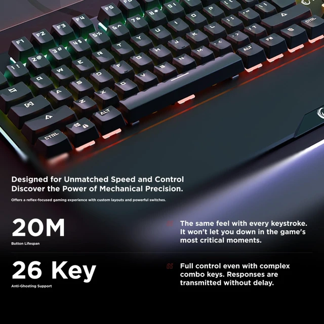 Alt view image 7 of 7 - KB-R86 Umbra Mechanical Gaming Keyboard High-Performance Switches, 26-Key Anti-Ghosting, 12 Multia Keys, Wrist Rest, Durable ABS Compatible with PC, Laptop, Mac (Blue Switch)