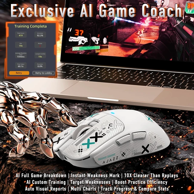 Alt view image 6 of 7 - AI Gaming Mouse,61g Lightweight Tri-Mode Wireless Mouse with NearLink Tech & PAW3311 Sensor,Built-in AI Game Analyzer&Training Coach,24K DPI,500mAh Battery,RGB for PC/FPS White&Griptape