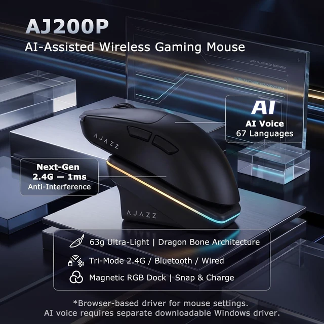 Alt view image 2 of 7 - AJ200P MC 63g Ultra-Light Wireless Gaming Mouse, AI Voice Assistant | Tri-Mode 2.4G/Bluetooth/Wired, Magnetic RGB Dock, PAW3311 12000 DPI (Up to 24000), FPS Esports Office Productivity, Black