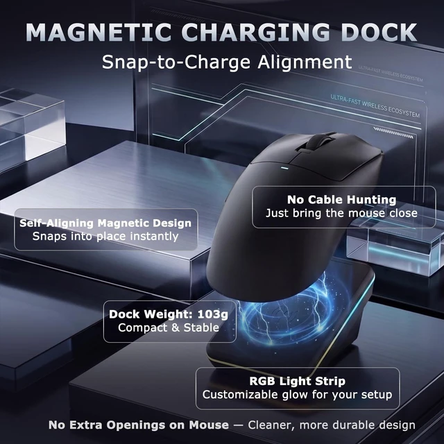 Alt view image 4 of 7 - AJ200P MC 63g Ultra-Light Wireless Gaming Mouse, AI Voice Assistant | Tri-Mode 2.4G/Bluetooth/Wired, Magnetic RGB Dock, PAW3311 12000 DPI (Up to 24000), FPS Esports Office Productivity, Black