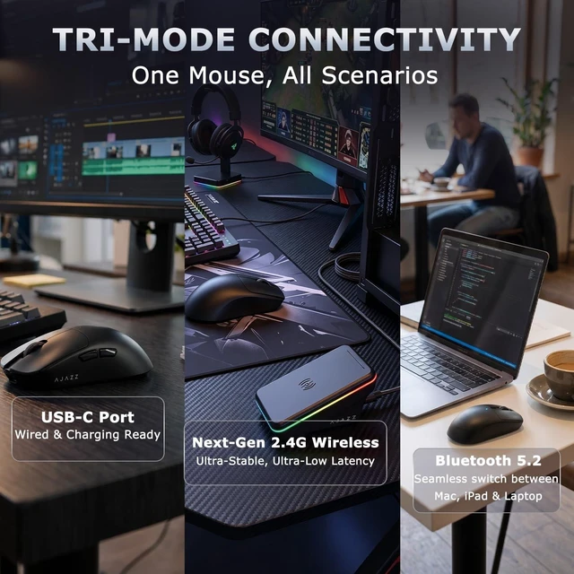 Alt view image 6 of 7 - AJ200P MC 63g Ultra-Light Wireless Gaming Mouse, AI Voice Assistant | Tri-Mode 2.4G/Bluetooth/Wired, Magnetic RGB Dock, PAW3311 12000 DPI (Up to 24000), FPS Esports Office Productivity, Black