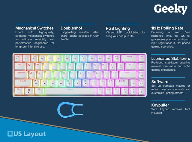 Alt view image 2 of 7 - GK65 SE 65% | Mechanical Gaming Keyboard | 68 Keys Multi Color RGB LED Backlit for PC/Mac Gamer | ANSI US American Layout (White, Mechanical Speed Silver)