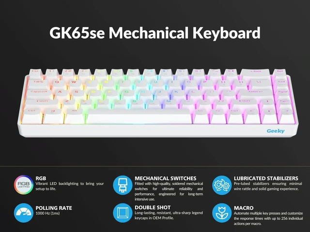 Alt view image 4 of 7 - GK65 SE 65% | Mechanical Gaming Keyboard | 68 Keys Multi Color RGB LED Backlit for PC/Mac Gamer | ANSI US American Layout (White, Mechanical Speed Silver)