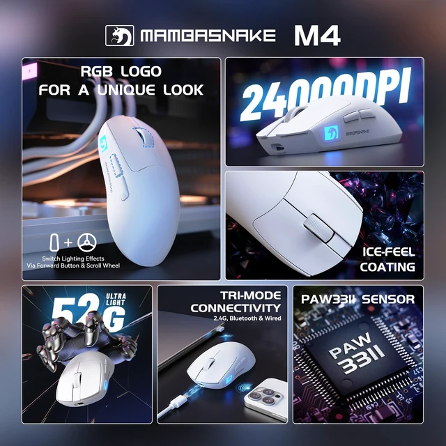 Alt view image 2 of 7 - M4 Ultra-Light Wireless Gaming Mouse 52g, 24000 DPI PAW3311 Optical Sensor,2.4G/BT/Wired Ergonomic Computer Mice, RGB Lighting,400mAh Battery, Programmable Mouse for PC/Win/MAC-White