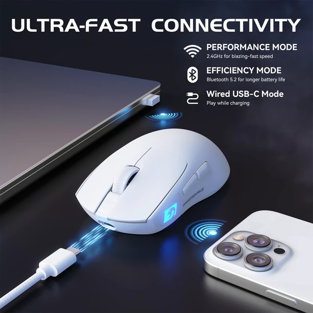 Alt view image 5 of 7 - M4 Ultra-Light Wireless Gaming Mouse 52g, 24000 DPI PAW3311 Optical Sensor,2.4G/BT/Wired Ergonomic Computer Mice, RGB Lighting,400mAh Battery, Programmable Mouse for PC/Win/MAC-White