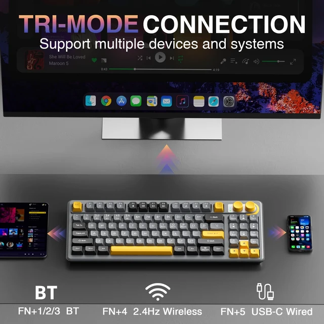 Alt view image 3 of 7 - SK90 75% Wireless Gaming Keyboard with Media Knob & Number Pad | Tri-Mode Connection Keyboard, BT5.0/2.4G/USB-C, RGB Backlit Cute Compact Silent Keys for Office&PC Mac Gaming 4000mAh Battery