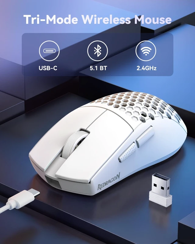 Alt view image 2 of 7 - M725 Honeycomb Shell Gaming Mouse Wireless Lightweight 49g -White | 8000 DPI Tri-Mode BT5.1/2.4GHz/Type-C Wired Gamer Mouse with 2 Side Buttons, Macro Programmable for PC/Mac/Laptop