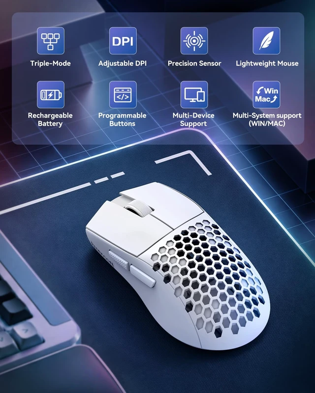 Alt view image 4 of 7 - M725 Honeycomb Shell Gaming Mouse Wireless Lightweight 49g -White | 8000 DPI Tri-Mode BT5.1/2.4GHz/Type-C Wired Gamer Mouse with 2 Side Buttons, Macro Programmable for PC/Mac/Laptop