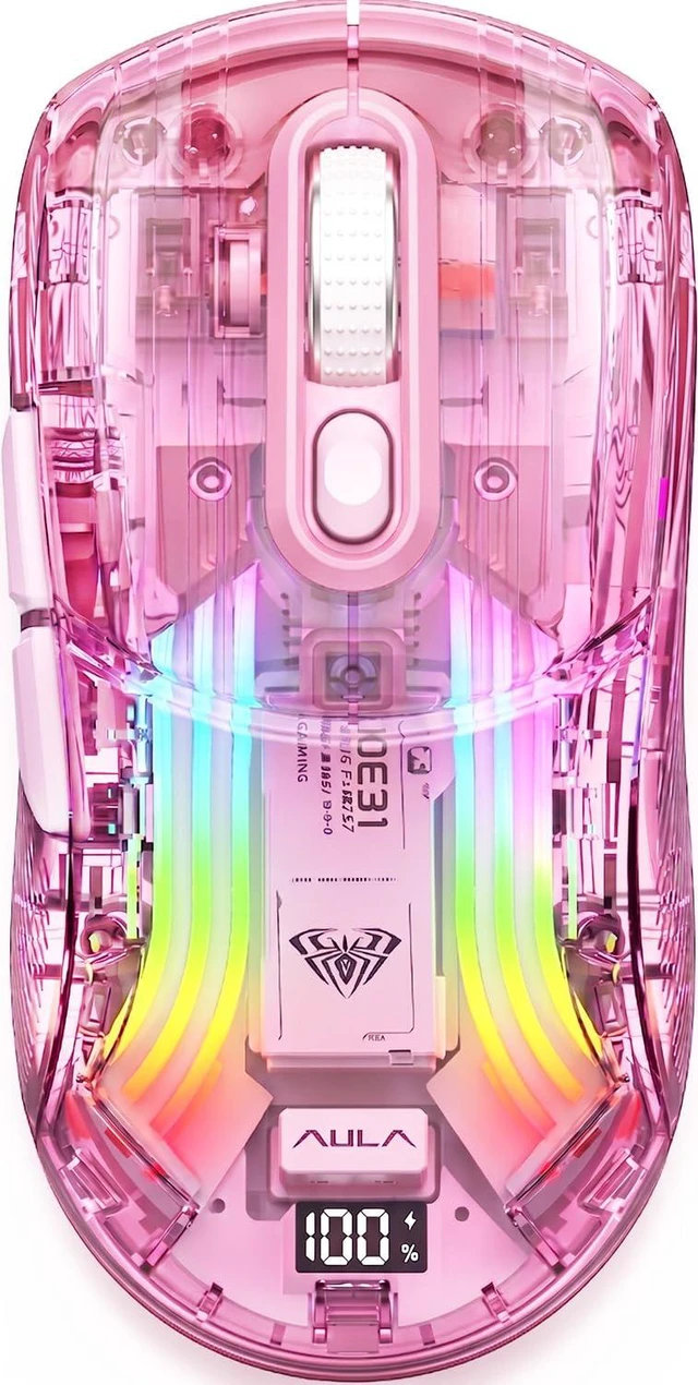 Main image of Cute Transparent Mouse, Tri-Mode Wireless, RGB Charging Dock, Pink | Digital Battery Display | 5-Stage 4000 DPI | 500mAh Battery | Silent Click | 11 Lighting Modes | For Laptop, PC, Mac, iPad
