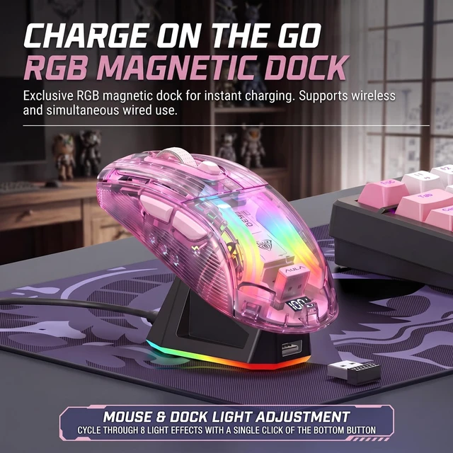 Alt view image 3 of 7 - Cute Transparent Mouse, Tri-Mode Wireless, RGB Charging Dock, Pink | Digital Battery Display | 5-Stage 4000 DPI | 500mAh Battery | Silent Click | 11 Lighting Modes | For Laptop, PC, Mac, iPad