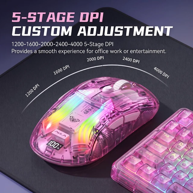 Alt view image 4 of 7 - Cute Transparent Mouse, Tri-Mode Wireless, RGB Charging Dock, Pink | Digital Battery Display | 5-Stage 4000 DPI | 500mAh Battery | Silent Click | 11 Lighting Modes | For Laptop, PC, Mac, iPad