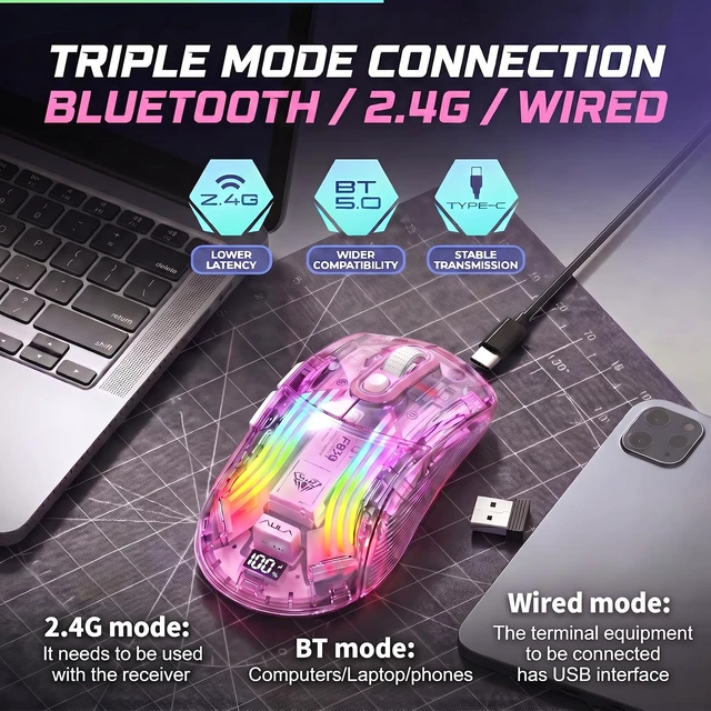 Alt view image 2 of 7 - Cute Transparent Mouse, Tri-Mode Wireless, RGB Charging Dock, Pink | Digital Battery Display | 5-Stage 4000 DPI | 500mAh Battery | Silent Click | 11 Lighting Modes | For Laptop, PC, Mac, iPad