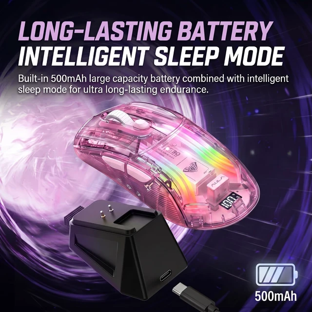 Alt view image 5 of 7 - Cute Transparent Mouse, Tri-Mode Wireless, RGB Charging Dock, Pink | Digital Battery Display | 5-Stage 4000 DPI | 500mAh Battery | Silent Click | 11 Lighting Modes | For Laptop, PC, Mac, iPad