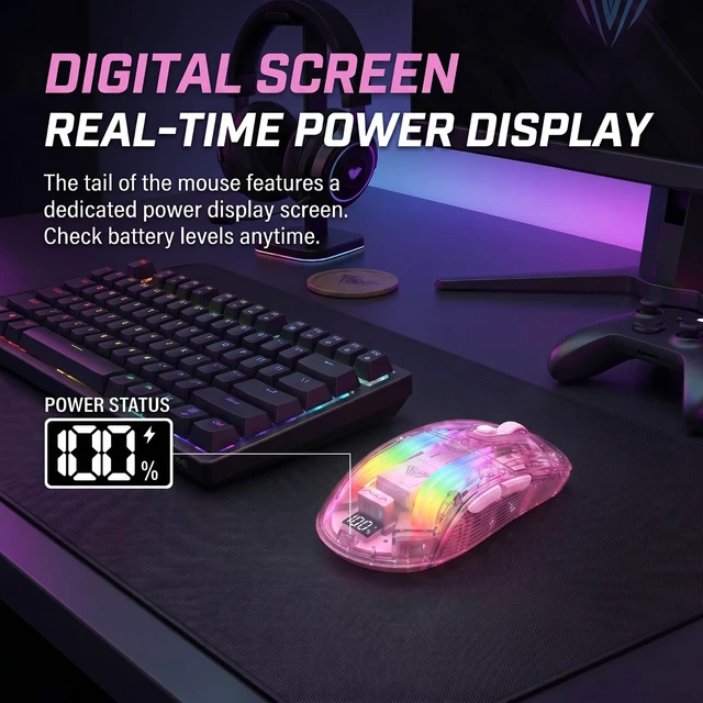 Alt view image 6 of 7 - Cute Transparent Mouse, Tri-Mode Wireless, RGB Charging Dock, Pink | Digital Battery Display | 5-Stage 4000 DPI | 500mAh Battery | Silent Click | 11 Lighting Modes | For Laptop, PC, Mac, iPad