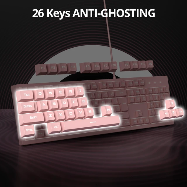 Alt view image 6 of 7 - Pink Gaming Keyboard - 104 Keys Silent Creamy LED Backlit Double Shot Keycaps Wired Membrane Keyboard For PC Laptop