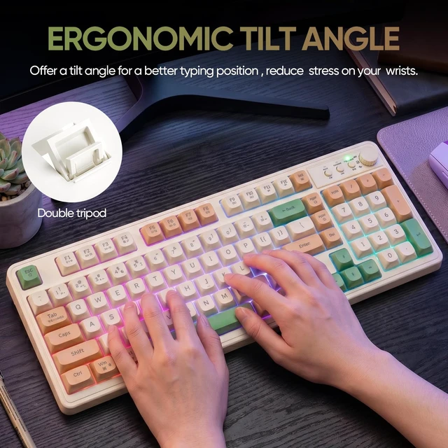 Alt view image 4 of 7 - Gaming Keyboard,Tri-Mode BT/2.4GHz/Type-C Wireless RGB Backlit Gaming Keyboard with Volume Knob,Bluetooth Computer,Creamy Cute Keyboards 98 Keys Computer Keyboard with Number Pad- Green