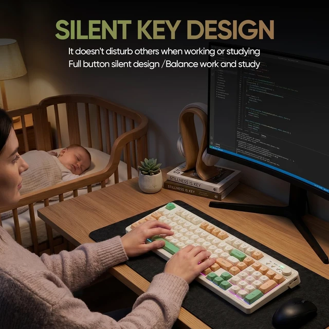 Alt view image 5 of 7 - Gaming Keyboard,Tri-Mode BT/2.4GHz/Type-C Wireless RGB Backlit Gaming Keyboard with Volume Knob,Bluetooth Computer,Creamy Cute Keyboards 98 Keys Computer Keyboard with Number Pad- Green