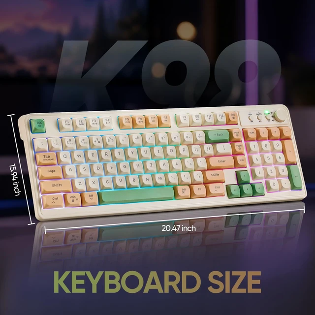 Alt view image 3 of 7 - Gaming Keyboard,Tri-Mode BT/2.4GHz/Type-C Wireless RGB Backlit Gaming Keyboard with Volume Knob,Bluetooth Computer,Creamy Cute Keyboards 98 Keys Computer Keyboard with Number Pad- Green