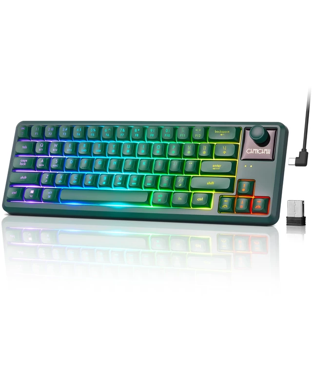 Main image of Wireless RGB Gaming Keyboard with Tri-Mode, LED/Volume Knob for WIN/Mac | Quiet/Rechargeable Compact Keyboard with Light Up for Laptop PC Computer PS5, Bluetooth/2.4G/USB C Wired, 64 Keys, Dark Green