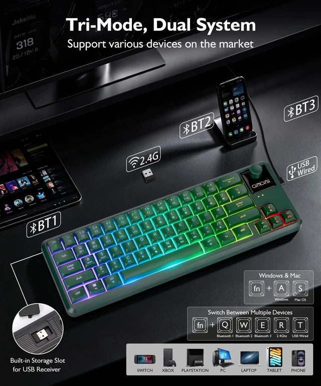 Alt view image 3 of 7 - Wireless RGB Gaming Keyboard with Tri-Mode, LED/Volume Knob for WIN/Mac | Quiet/Rechargeable Compact Keyboard with Light Up for Laptop PC Computer PS5, Bluetooth/2.4G/USB C Wired, 64 Keys, Dark Green