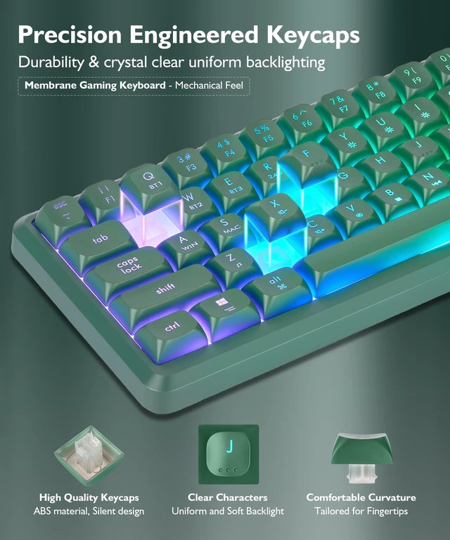 Alt view image 6 of 7 - Wireless RGB Gaming Keyboard with Tri-Mode, LED/Volume Knob for WIN/Mac | Quiet/Rechargeable Compact Keyboard with Light Up for Laptop PC Computer PS5, Bluetooth/2.4G/USB C Wired, 64 Keys, Dark Green