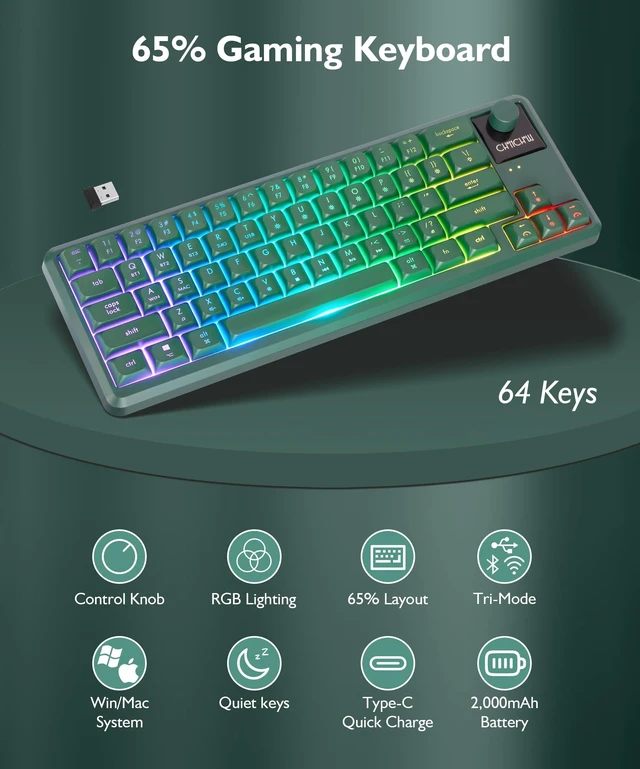 Alt view image 7 of 7 - Wireless RGB Gaming Keyboard with Tri-Mode, LED/Volume Knob for WIN/Mac | Quiet/Rechargeable Compact Keyboard with Light Up for Laptop PC Computer PS5, Bluetooth/2.4G/USB C Wired, 64 Keys, Dark Green