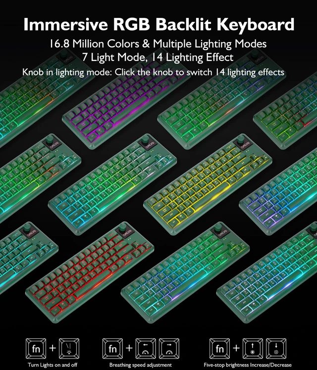 Alt view image 5 of 7 - Wireless RGB Gaming Keyboard with Tri-Mode, LED/Volume Knob for WIN/Mac | Quiet/Rechargeable Compact Keyboard with Light Up for Laptop PC Computer PS5, Bluetooth/2.4G/USB C Wired, 64 Keys, Dark Green