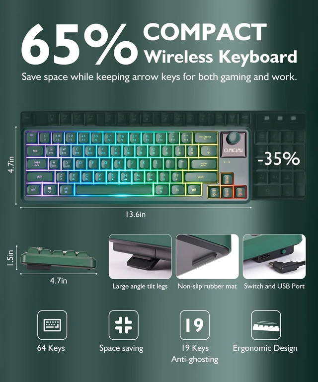 Alt view image 4 of 7 - Wireless RGB Gaming Keyboard with Tri-Mode, LED/Volume Knob for WIN/Mac | Quiet/Rechargeable Compact Keyboard with Light Up for Laptop PC Computer PS5, Bluetooth/2.4G/USB C Wired, 64 Keys, Dark Green