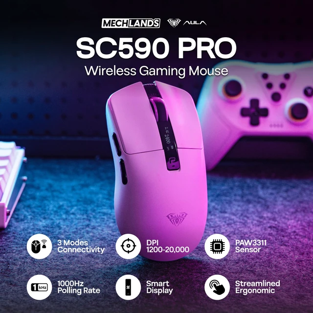 Alt view image 2 of 7 - Aula SC590 PRO Gaming Mouse with Display Screen, 2.4G/USB-C/BT | Wireless Mouse with 500mAh Battery, Adjustable 20,000 DPI & 1000 Polling Rate, PAW3311 Sensor, for Win/Mac/Gaming (White)