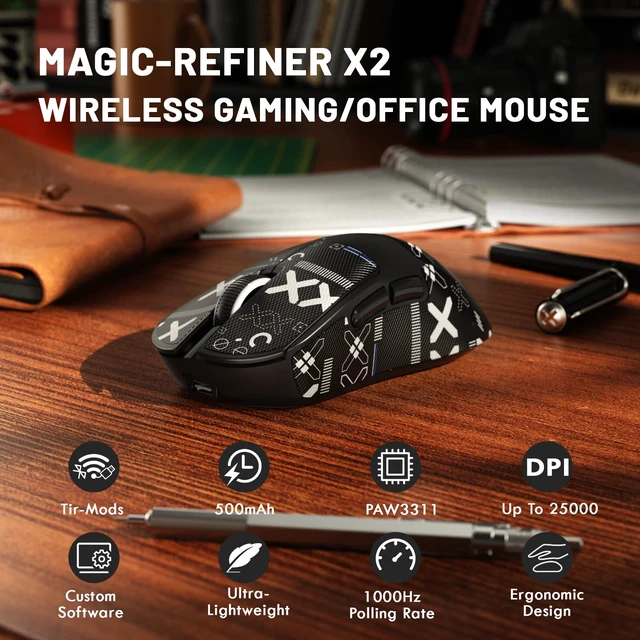 Alt view image 2 of 7 - Magic-Refiner X2 Wireless Gaming Mouse, Tri-Mode 2.4G/USB-C Wired/Bluetooth, PAW3311 Sensor, 25000 DPI, 1000Hz Polling Rate, 69g Ergonomic Design, Grip Tape Included, Black