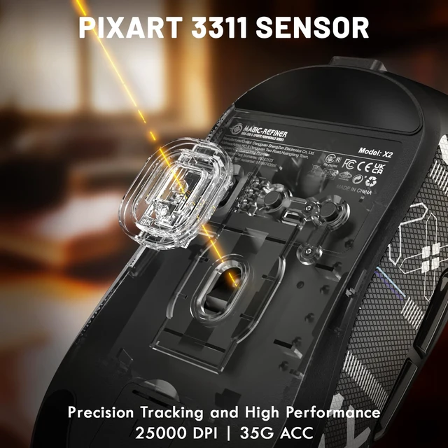 Alt view image 3 of 7 - Magic-Refiner X2 Wireless Gaming Mouse, Tri-Mode 2.4G/USB-C Wired/Bluetooth, PAW3311 Sensor, 25000 DPI, 1000Hz Polling Rate, 69g Ergonomic Design, Grip Tape Included, Black