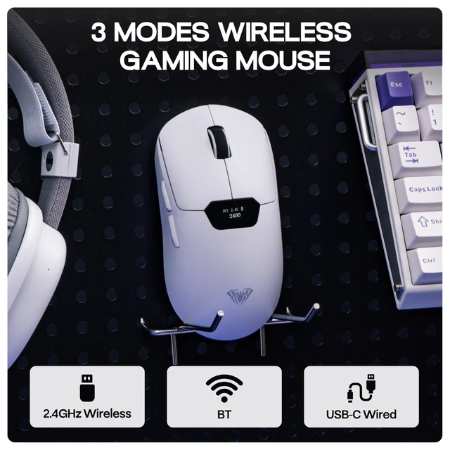 Alt view image 6 of 7 - Aula SC390 Lightweight Gaming Mouse with Display Screen | 2.4G/USB-C/BT Wireless Mouse w/ 400mAh Battery, Adjustable 20,000 DPI, 1000 Polling Rate, PAW3311 Sensor, for Win/Mac (White)
