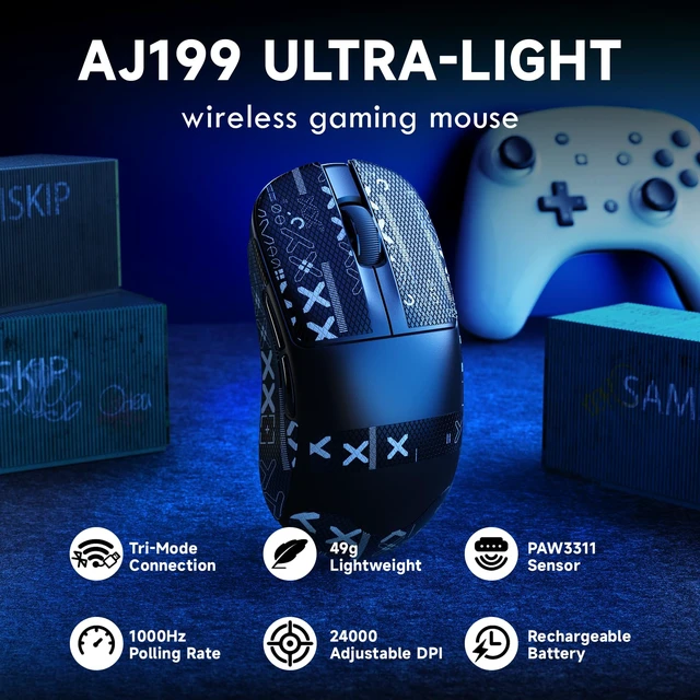 Alt view image 2 of 7 - Magic-Refiner AJ199 Lightweight Wireless Gaming Mouse,Tri-Mode(2.4G/Wired/BT),24K DPI,PAW3311 Optical Sensor,1000Hz Polling Rate,600mAh,49g Ergonomic Mice for Mid-Large Hands-Black&Sticker