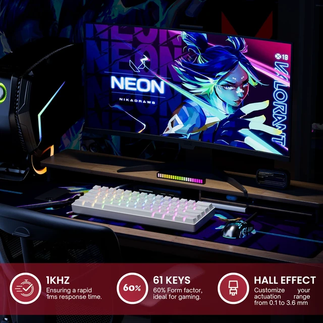 Alt view image 2 of 7 - Gaming GK61HE 60% | Magnetic Mechanical Gaming Keyboard | Rapid Trigger 0.1mm Step | 61 Keys Multi Color RGB | 1kHz Polling Rate | PC/Mac Gamer | US Layout (White)