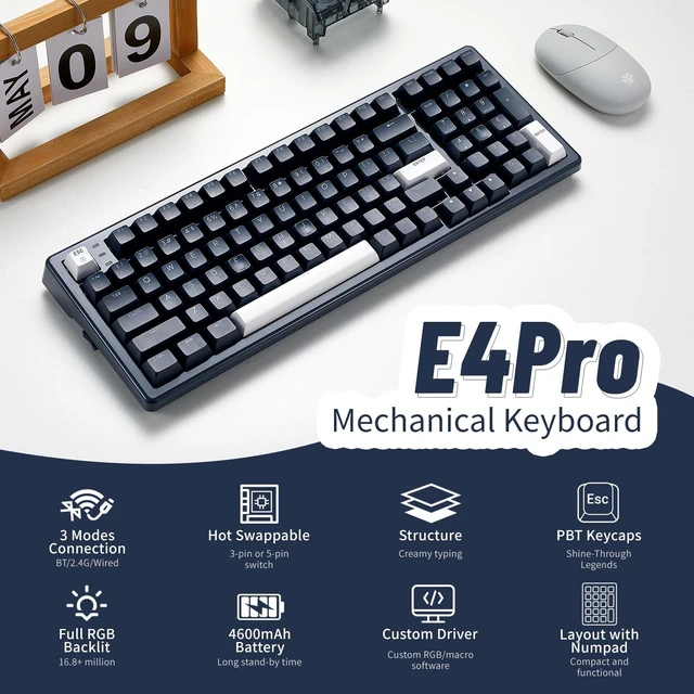 Alt view image 2 of 7 - Wireless Mechanical Keyboard with Number Pad,Wrist Rest,Gasket Structure,Tri-Mode BT5.0/USB-C/2.4GHz Hot Swappable Keyboard,Creamy Sound,RGB Backlit,Computer Gaming Keyboards(Clicky Switch)