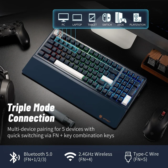 Alt view image 3 of 7 - Wireless Mechanical Keyboard with Number Pad,Wrist Rest,Gasket Structure,Tri-Mode BT5.0/USB-C/2.4GHz Hot Swappable Keyboard,Creamy Sound,RGB Backlit,Computer Gaming Keyboards(Clicky Switch)